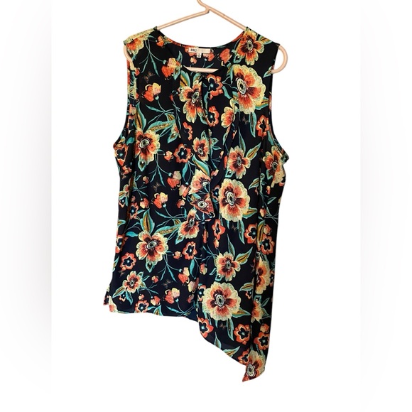 DR2 Tops - DR2 Bright Colored Floral Sleeveless Front Ruffle Blouse Asymmetric Hem Size XL